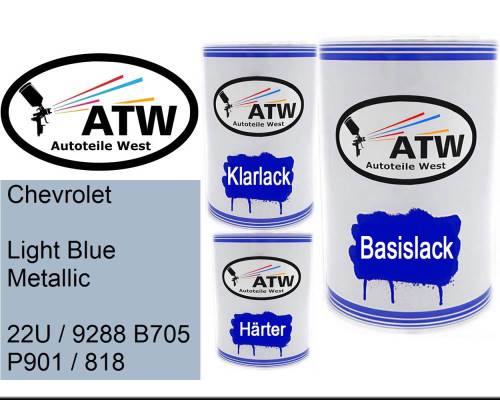 Chevrolet, Light Blue Metallic, 22U / 9288 B705 P901 / 818: 500ml Lackdose + 500ml Klarlack + 250ml Härter - Set, von ATW Autoteile West.